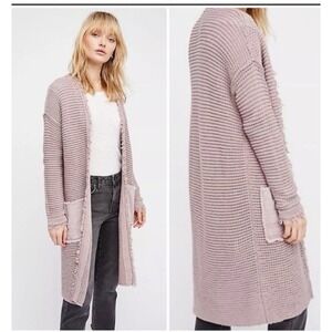 Free People Woodstock Duster Cardigan Sweater Frayed Trim Mauve Size Small